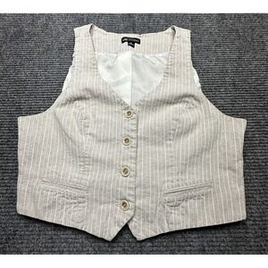 IN Studio Vest Womens 12 Beige White Pinstripe Button Front Lined Cotton Career